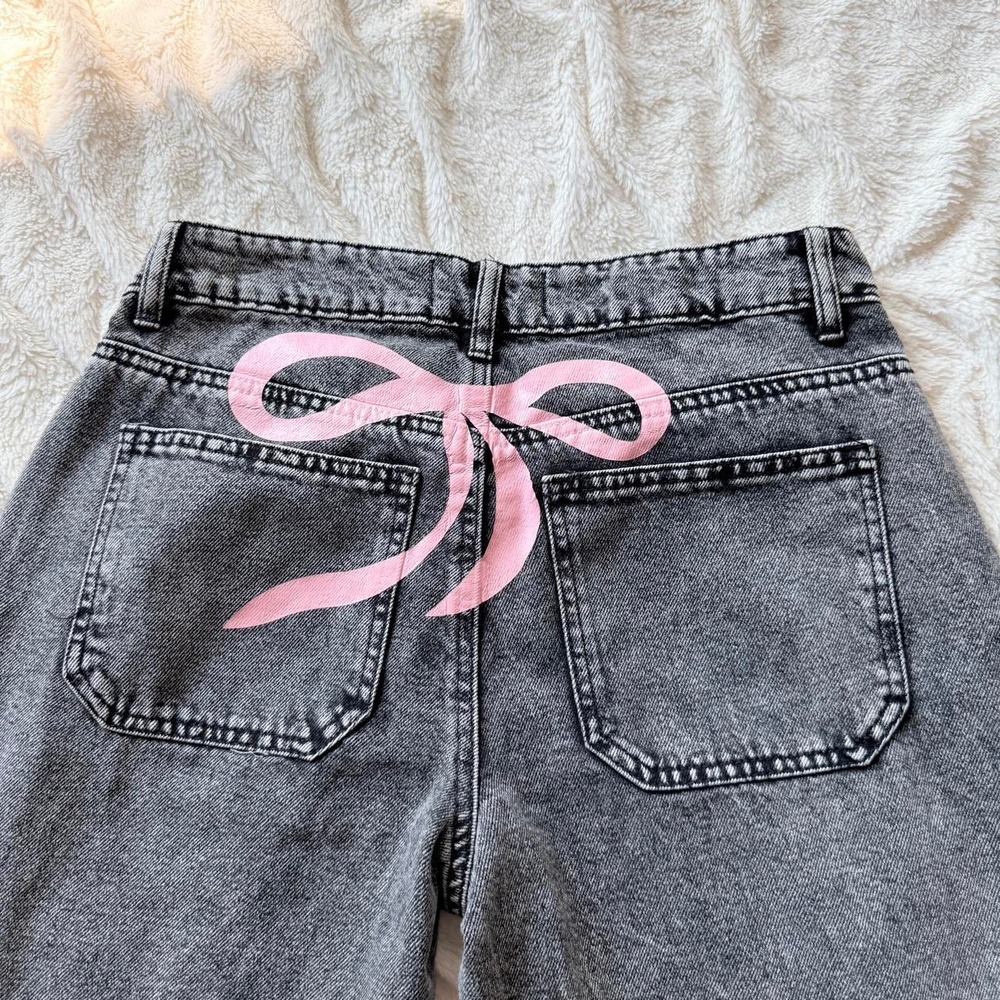 Disclosure Women's Wide Leg Jeans 7/28 Gray Acid Wash Pink Bow